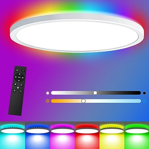 DIKHEE LED Flush Mount Deckenleuchte, 12 Zoll RGB Deckenleuchte mit Fernbedienung, 24W 3200LM dimmbare runde flache Deckenleuchte, 3000K-6000K Deckenleuchte für Schlafzimmer, Wohnzimmer, Küche von DIKHEE