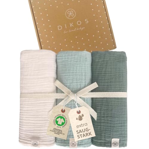 DIKOS® Baby Mulltücher 3er Premium Set – 64x64cm – weiche & saugstarke Spucktücher aus Bio-Baumwolle (GOTS, Oeko-TEX) – Musselintücher in Creme, Mint & Salbeigrün – schönes Babygeschenk zur Geburt von DIKOS