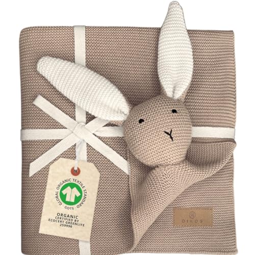 DIKOS® Original Babydecke SCHMUSE-HASE Cappuccino GOTS Bio Baumwolle Neugeborenen Decke mit Kuscheltier Baby Mädchen Junge Strickdecke Kuscheldecke Schmusedecke Erstausstattung Geschenk zur Geburt von DIKOS