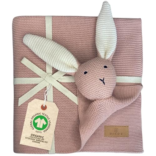 DIKOS® Original Babydecke SCHMUSE-HASE rosa | 100% Bio-Baumwolle Neugeborenen Decke | nachhaltige Kuscheldecke Strick Mädchen | Schmusedecke Kinderwagen | Baby Erstausstattung | Geschenk zur Geburt von DIKOS