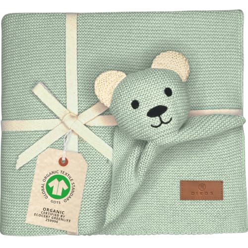 DIKOS® Original Babydecke SCHMUSE-Bär Mint 100% GOTS Bio Baumwolle Neugeborenen Decke mit Kuscheltier Kuscheldecke Strickdecke Schmusedecke Erstausstattung Baby Mädchen/Junge Geschenk zur Geburt von DIKOS