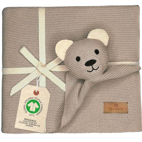 DIKOS® Original Babydecke SCHMUSE-Bär Cappuccino 100% GOTs Bio Baumwolle Neugeborenen Decke mit Kuscheltier Kuscheldecke Strickdecke Schmusedecke Erstausstattung Baby Mädchen/Junge Geschenk zur Geburt von DIKOS