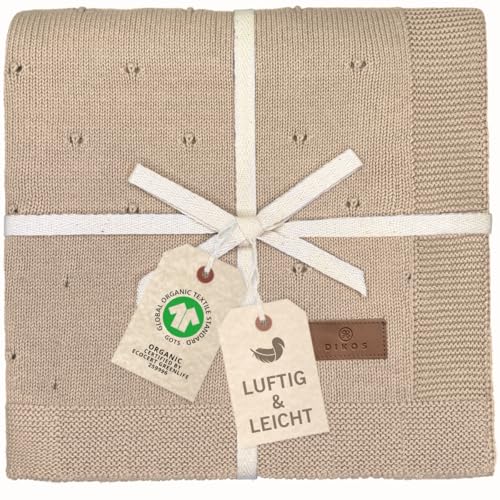 Babydecke Ajour Strick beige braun – luftige Neugeborenen Decke aus weicher Bio-Baumwolle (GOTS/Oeko-TEX 100) – Ideal als Kuscheldecke und Baby Erstausstattung - Geschenk zur Geburt Baby Mädchen/Junge von DIKOS