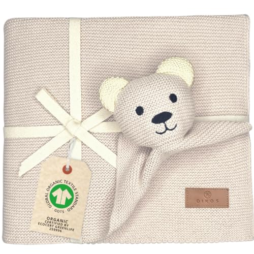 DIKOS® Original Babydecke SCHMUSE-Bär (Naturbeige) 100% GOTS Bio Baumwolle Neugeborenen Decke Mädchen/Junge Strickdecke Schmusedecke Kuscheldecke Baby Erstausstattung Babygeschenk Geschenk zur Geburt von DIKOS