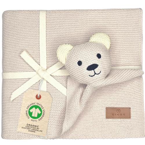 DIKOS Original Babydecke SCHMUSE-Bär (Naturbeige) – Premium 2-in-1 Neugeborenen Kuscheldecke & Schmusetuch – aus weicher gestrickter Bio-Baumwolle (GOTS/Oeko-TEX) – schönes Babygeschenk zur Geburt von DIKOS