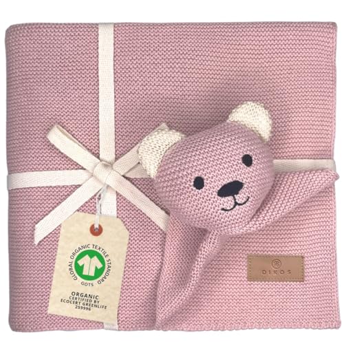 DIKOS® Original Babydecke SCHMUSE-Bär Altrosa 100% GOTS Bio Baumwolle Neugeborenen Decke mit Kuscheltier Strickdecke Schmusedecke Kuscheldecke Erstausstattung Baby Mädchen Geschenke zur Geburt von DIKOS