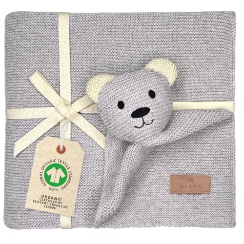 DIKOS® Original Babydecke SCHMUSE-Bär Hellgrau 100% GOTS Bio Baumwolle Neugeborenen Decke mit Kuscheltier Kuscheldecke Strickdecke Schmusedecke Erstausstattung Baby Mädchen/Junge Geschenk zur Geburt von DIKOS