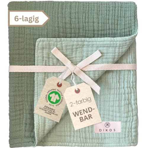 DIKOS® Musselin Babydecke Sommer 6-lagig 70×100 cm – Bio-Baumwolle (GOTS & Öko-Tex) – salbeigrün/Mint – weich & atmungsaktiv – Kuscheldecke, Spucktuch, Puckdecke – Geschenk Geburt Mädchen & Jungen von DIKOS