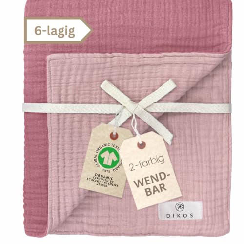 DIKOS® Musselin Babydecke Sommer 6-lagig 70×100 cm – aus weicher, atmungsaktiver Bio-Baumwolle (GOTS & Öko-Tex 100) – Altrosa/Beere – Kuscheldecke, Spucktuch, Puckdecke – Geschenk zur Geburt Mädchen von DIKOS
