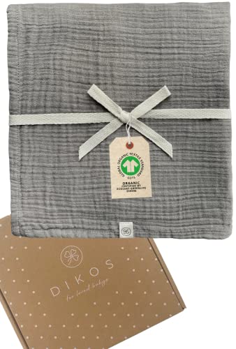 Premium Baby Mulltuch grau | 120x120cm | 100% GOTS Bio-Baumwolle Spucktuch | Musselin Tuch/Decke Mulltücher Junge Mädchen | Babydecke Swaddle Tuch Pucktuch | Erstausstattung Geschenk zur Geburt von DIKOS