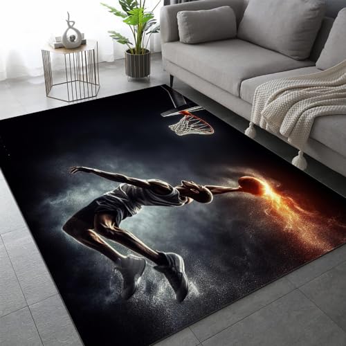 Basketball Teppich Schlafzimmer rutschfeste FußMatte Sport Slam Dunk Kinderteppich Dekoration Carpets Teenager Kurzflor Flanell Teppiche Home Spielteppiche für Wohnzimmer 180x240 cm von DILANI