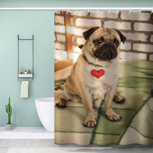 DILANI Anti Schimmel Duschvorhang Mops 240x200 Erwachsene Duschvorhang Hund Tier Wasserdicht Waschbar Polyester Stoff Shower Curtain mit 12 Duschvorhangringe Badewanne Vorhang von DILANI