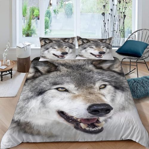 DILANI Bettwäsche 155x220 Wolf 3D Bettwäsche-Set 3 Teilig Tier Weiche Microfaser Bettbezug mit Reißverschluss und Kissenbezug 80x80cm für Mädchen Jungen Kinder von DILANI