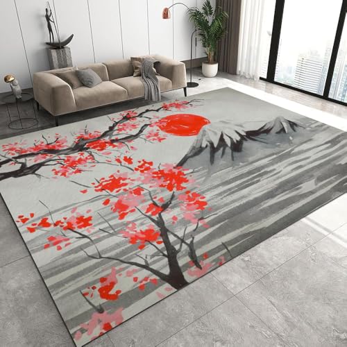 DILANI Japanische Kirschblüten Kurzflor Teppich Matten rutschfeste FußMatte Kinderteppich Modern 3D Vulkan Fuji Kinder Spielteppiche FüR Schlafzimmer Flur Wohnzimmer Boden Teppich 120x160 cm von DILANI