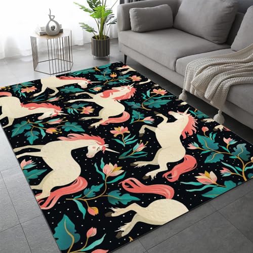 DILANI Teppich Wohnzimmer Schlafzimmer 3D Pferd Cartoon Teppich Kinderzimmer Kurzflor Teppiche rutschfeste Spielteppiche Kawaii Tiere Kinder Teenager Kurzflor Flanell Teppiche 120x160 cm von DILANI