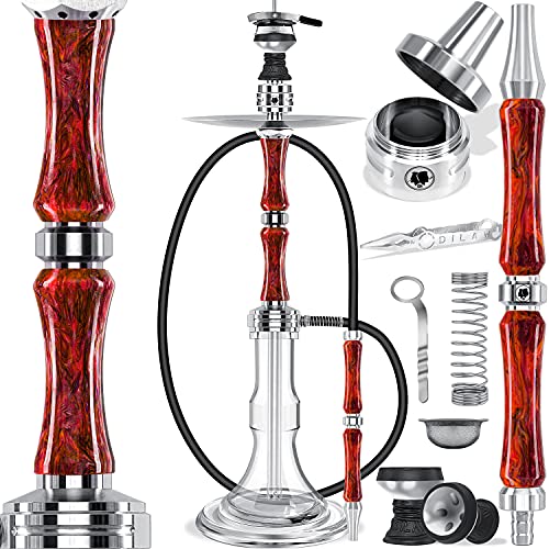 DILAW® Eclipse Shisha Set Edelstahl - Acryl Hookah 79cm Wasserpfeife Ausblassystem Kaminkopf Komplettset Molassefänger Silikonschlauch Alu Glas-Mundstück Kaminaufsatz Rot von DILAW