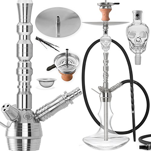 DILAW® Rubin Shisha Edelstahl Silber V2A 75cm Hookah Medium | Wasserpfeife Kaminkopf Komplettset Molassefänger mit 3 Anschlüssen Kopfadapter Silikonschlauch Alumundstück Tabakkopf Kaminaufsatz von DILAW