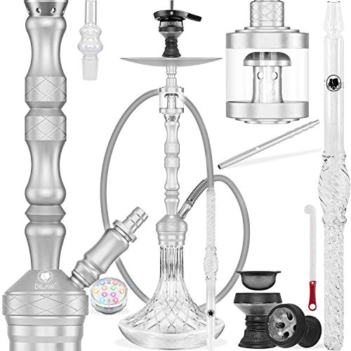 DILAW® SKITTO Shisha Set Hookah Aluminium Alu 75cm Wasserpfeife Kaminkopf Komplettset Molassefänger Silikonschlauch Alu Glas-Mundstück Kaminaufsatz 18/8 schliff Edelstahl Tauchrohr, Silber von DILAW