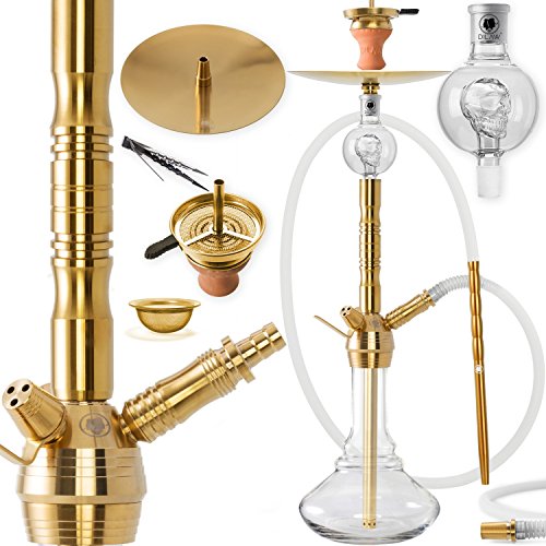 DILAW® Shisha Set Saphir Gold, Edelstahl 75cm Wasserpfeife Profi Hookah Komplett Set bis 3 Anschlüsse inkl. Bowl, Kaminkopf, Molassefänger, Silikonschlauch, Alu Mundstück, Tonkopf, Kaminaufsatz, Zange von DILAW