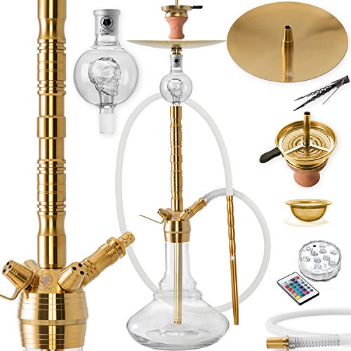 DILAW® Saphir Shisha Edelstahl Gold V2A 93cm Hookah Big Size + LED Licht | Wasserpfeife Kaminkopf Komplettset Molassefänger mit 4 Anschlüssen Kopfadapter Silikonschlauch Alumundstück Tabakkopf von DILAW