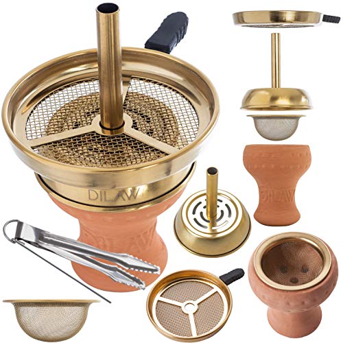 DILAW® Shisha Kaminkopf Set Tabaksieb Kohlezange Kaminaufsatz Tonkopf Tabak Kopf Kaminkopf Set Gold von DILAW