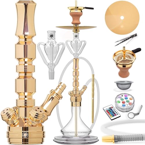 DILAW® Shisha Set TRIPHAN 66cm Edelstahl Wasserpfeife Profi Zubehör Komplett-Set bis 4-Anschlüsse mit Bowl, LED Licht, Kaminkopf, Molassefänger, Silikonschlauch, Alu Mundstück, Tonkopf & Kaminaufsatz von DILAW