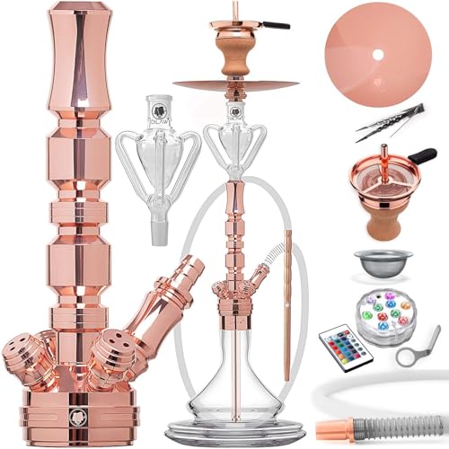 DILAW® Shisha Set TRIPHAN 66cm Edelstahl Wasserpfeife Profi Zubehör Komplett-Set bis 4-Anschlüsse mit Bowl, LED Licht, Kaminkopf, Molassefänger, Silikonschlauch, Alu Mundstück, Tonkopf & Kaminaufsatz von DILAW
