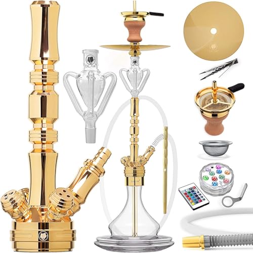 DILAW® Shisha Set TRIPHAN 96cm Edelstahl Wasserpfeife Profi Zubehör Komplett-Set bis 4-Anschlüsse mit Bowl, LED Licht, Kaminkopf, Molassefänger, Silikonschlauch, Alu Mundstück, Tonkopf & Kaminaufsatz von DILAW