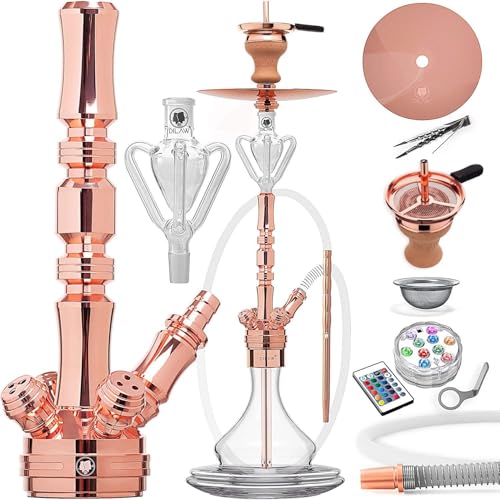 DILAW® Shisha Set TRIPHAN 96cm Edelstahl Wasserpfeife Profi Zubehör Komplett-Set bis 4-Anschlüsse mit Bowl, LED Licht, Kaminkopf, Molassefänger, Silikonschlauch, Alu Mundstück, Tonkopf & Kaminaufsatz von DILAW