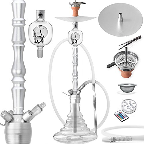 DILAW® Shisha Set Vatos 93cm Aluminium Wasserpfeife Hookah Profi Zubehör Komplett-Set bis 4-Anschlüsse inkl. LED Licht, Kaminkopf, Molassefänger, Silikonschlauch, Alu Mundstück, Tonkopf, Kaminaufsatz von DILAW
