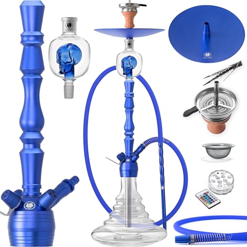 DILAW® Shisha Set Vatos 93cm Aluminium Wasserpfeife Hookah Profi Zubehör Komplett-Set bis 4-Anschlüsse inkl. LED Licht, Kaminkopf, Molassefänger, Silikonschlauch, Alu Mundstück, Tonkopf, Kaminaufsatz von DILAW