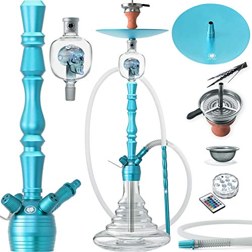 DILAW® Shisha Set Vatos 93cm Aluminium Wasserpfeife Hookah Profi Zubehör Komplett-Set bis 4-Anschlüsse inkl. LED Licht, Kaminkopf, Molassefänger, Silikonschlauch, Alu Mundstück, Tonkopf, Kaminaufsatz von DILAW