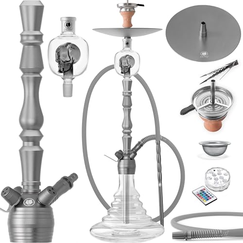 DILAW® Shisha Set Vatos 93cm Aluminium Wasserpfeife Hookah Profi Zubehör Komplett-Set bis 4-Anschlüsse inkl. LED Licht, Kaminkopf, Molassefänger, Silikonschlauch, Alu Mundstück, Tonkopf, Kaminaufsatz von DILAW