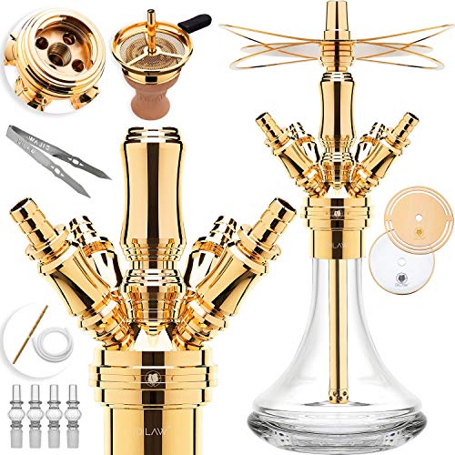 DILAW® Smart Shisha Edelstahl V2A Komplettset 38cm Hookah | Mini | to go + Glas Kohleteller | 4 Anschlüsse Adapter | Wasserpfeife | Base Closed Chamber | Kaminkopf Silikonschlauch Tabakkopf Gold von DILAW