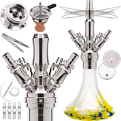 DILAW® Smart Shisha Edelstahl V2A Komplettset 38cm Hookah | Mini to go + Glas Kohleteller | 4 Anschlüsse Adapter | Wasserpfeife | Base Closed Chamber | Kaminkopf Silikonschlauch Tabakkopf Lava/Blau von DILAW