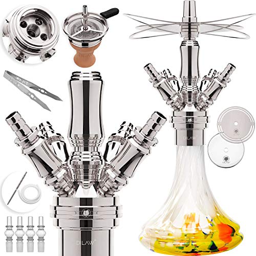 DILAW® Smart Shisha Edelstahl V2A Komplettset 38cm Hookah | Mini to go + Glas Kohleteller | 4 Anschlüsse Adapter | Wasserpfeife | Base Closed Chamber | Kaminkopf Silikonschlauch Tabakkopf Lava/Gelb von DILAW