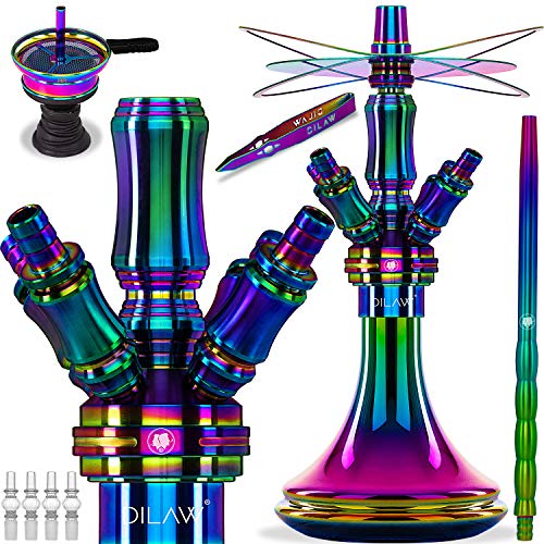 DILAW® Smart Shisha Edelstahl V2A Komplettset 38cm Hookah | Mini | to go + Glas Kohleteller | 4 Anschlüsse Adapter | Wasserpfeife | Base Closed Chamber | Kaminkopf Silikonschlauch Tabakkopf Rainbow von DILAW