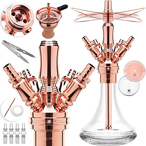 DILAW® Smart Shisha Edelstahl V2A Komplettset 38cm Hookah | Mini to go + Glas Kohleteller | 4 Anschlüsse Adapter | Wasserpfeife | Base Closed Chamber | Kaminkopf Silikonschlauch Tabakkopf Rosé Gold von DILAW