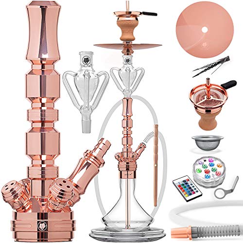 DILAW® TRIPHAN Shisha Edelstahl Rosé Gold V2A 66cm Hookah Medium LED Licht | Wasserpfeife Kaminkopf Komplettset Molassefänger Base Closed Chamber 4 Anschlüssen Silikonschlauch Alumundstück Tabakkopf von DILAW