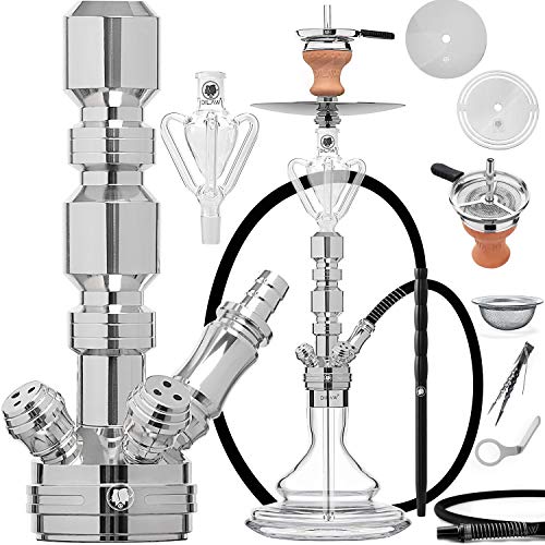 DILAW® TRIPHAN Shisha Edelstahl Silber V2A 44cm Small Hookah + Butterfly Kohleteller | Wasserpfeife Mini | to go Komplettset Molassefänger Base Closed Chamber 3 Anschlüssen Silikonschlauch Tabakkopf von DILAW