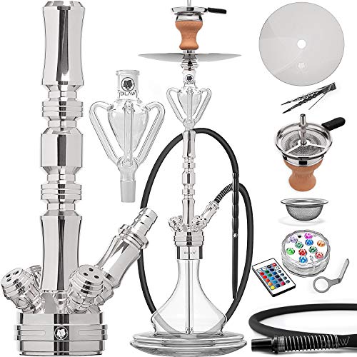 DILAW® TRIPHAN Shisha Edelstahl Silber V2A 96cm Hookah Big Size + LED Licht | Wasserpfeife Kaminkopf Komplettset Molassefänger Base Closed Chamber 4 Anschlüssen Silikonschlauch Alumundstück Tabakkopf von DILAW