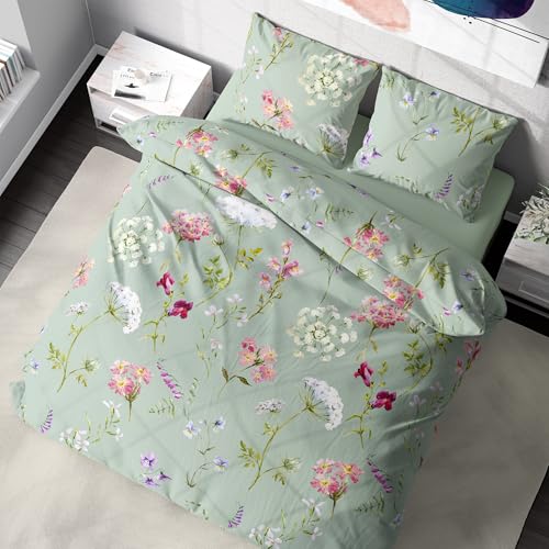 DILIOS Premium Bettwäsche 135x200 – 100% Baumwolle, ÖKO-TEX Zertifiziert, Renforcé, Atmungsaktiv & Antiallergisch, mit Reißverschluss, 2teilig – Bettbezug + Kissenbezug 80x80, Grün, Floral von DILIOS