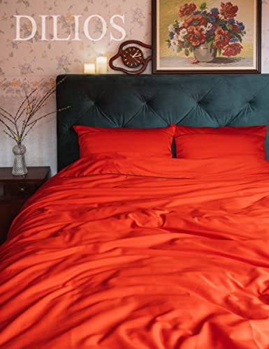 DILIOS Premium Satin Bettwäsche 135x200, 100% atmungsaktive angenehme Baumwolle-Satin mit Reißverschluss, Elegantes Rot, 2-teiliger Bettbezug 135 x 200 cm + Kissenbezug 80 x 80 von DILIOS