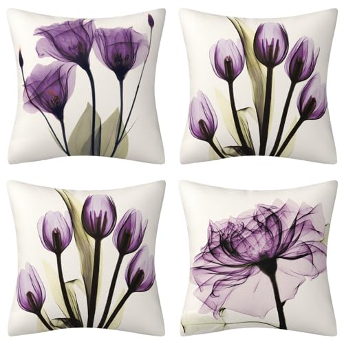 DILOXNSU Kissenbezug 40x40 4er Set Kissenbezüge Lila Tulpe Blume Dekokissen Modern Sofakissen Leinen Kissenhülle Deko Kissen Aesthetic Couchkissen Kissen für Sofa Wohnzimmer Zierkissen von DILOXNSU