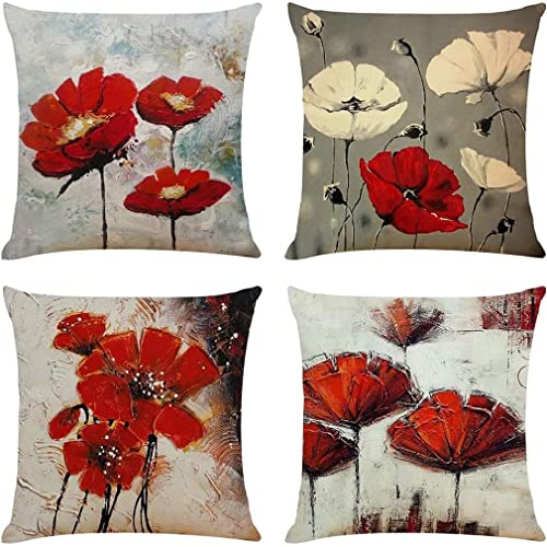 DILOXNSU Kissenbezug 40x40 4er Set Kissenbezüge Rot Kunst Blume Dekokissen Modern Sofakissen Leinen Kissenhülle Deko Kissen Aesthetic Couchkissen Kuschelkissen für Sofa Wohnzimmer Zierkissen von DILOXNSU