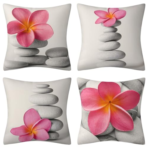 DILOXNSU Kissenbezug 45 x 45 cm 4er Set Modern Dekokissen Rosa Blumen Grau Stein Kunst Kissenbezüge Möbel Deko Kissen Leinen Sofakissen Kissenhülle für Sofa Garten Wohnzimmer von DILOXNSU