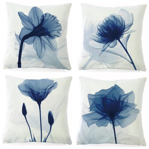 DILOXNSU Kissenbezug 45x45 4er Set Kissenbezüge Blau Blume Dekokissen Modern Sofakissen Leinen Kissenhülle Deko Kissen Aesthetic Couchkissen Kuschelkissen für Sofa Wohnzimmer Zierkissen von DILOXNSU