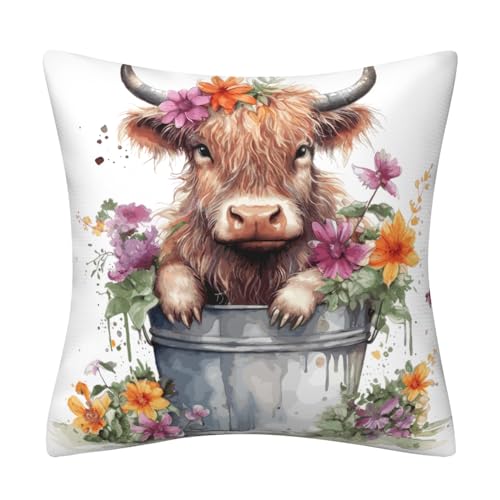 Highland Cow Gifts Kissenbezüge 45 x 45 cm, Baby Highland Kuh mit Blumen doppelseitige dekorative Kissenbezüge für Zuhause Sofa Bett Wohnzimmer Garten Outdoor Decor Kissenbezug 45,7 x 45,7 cm von DILOXNSU