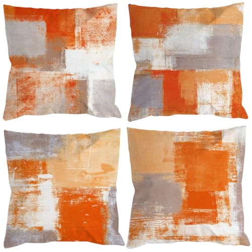 Orange Grau Kissenbezug kissenbezüge 40x40 4er Set Dekokissen Modern Sofakissen Leinen Kissenhülle Abstrakte Gemälde Deko Kissen Aesthetic Couchkissen Kuschelkissen für Sofa Wohnzimmer Zierkissen von DILOXNSU