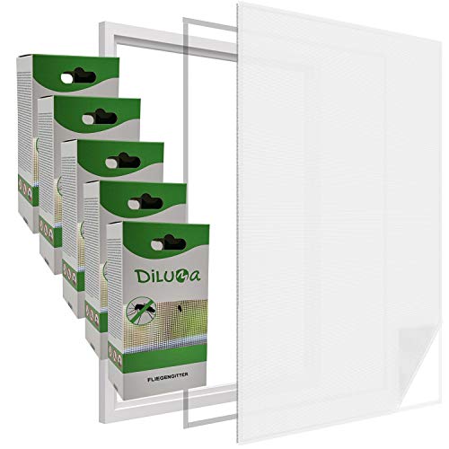 DILUMA | Fliegengitter Fenster 110x130 cm Weiß 5er Set | Durchsichtiges & Kürzbares Fliegennetz mit 5,6m Klettband | Zuverlässiger Schutz vor Mücken, Fliegen & Insekten - Insektenschutz ohne Bohren von DILUMA